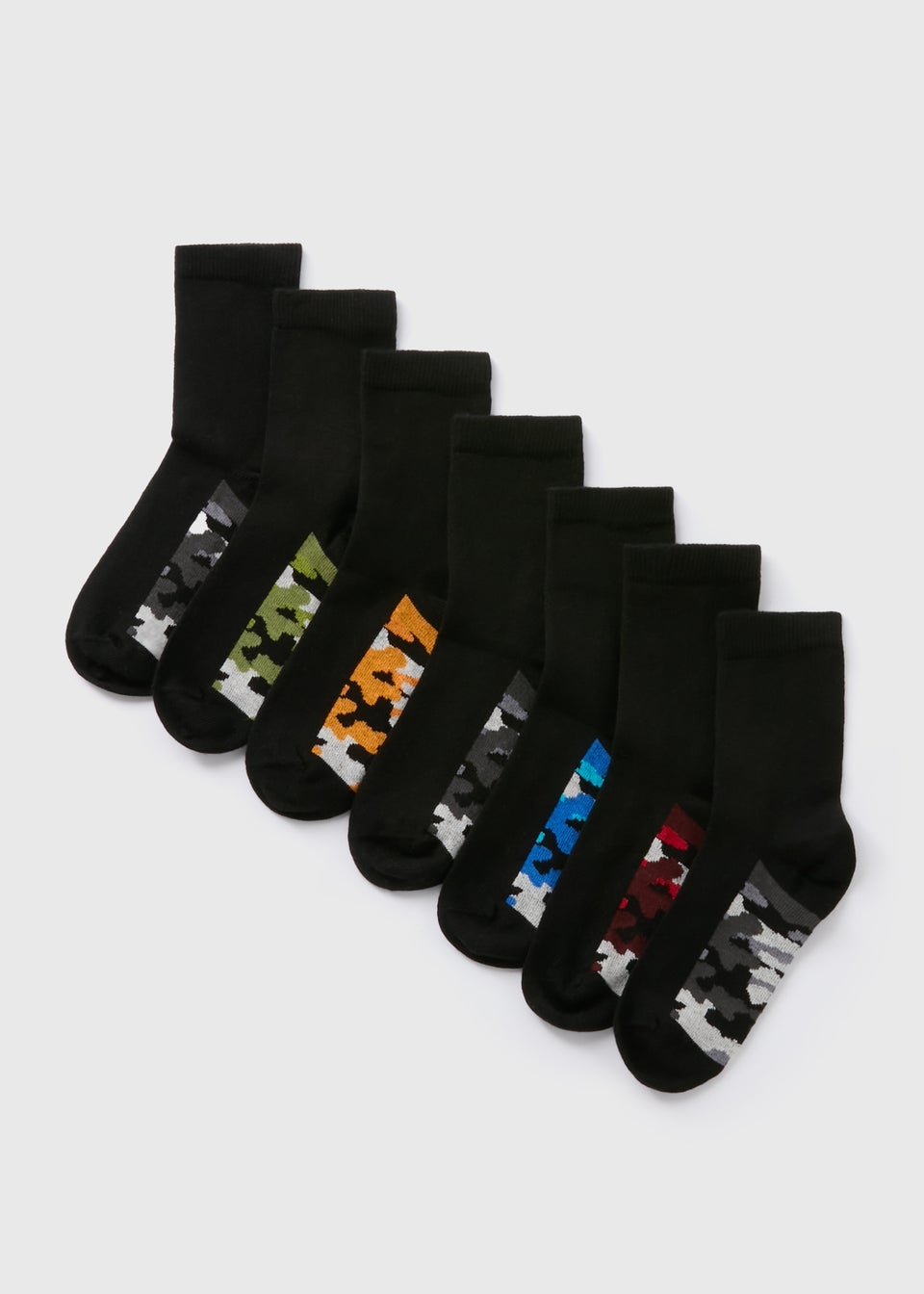 7 Pack Boys Black Camo Socks (Younger 6-Older 6.5)
