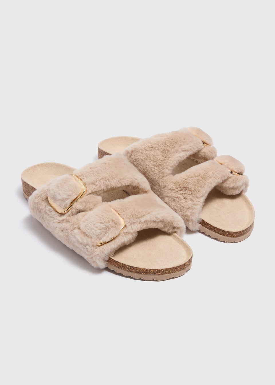 Beige Double Buckle Footbed Slippers
