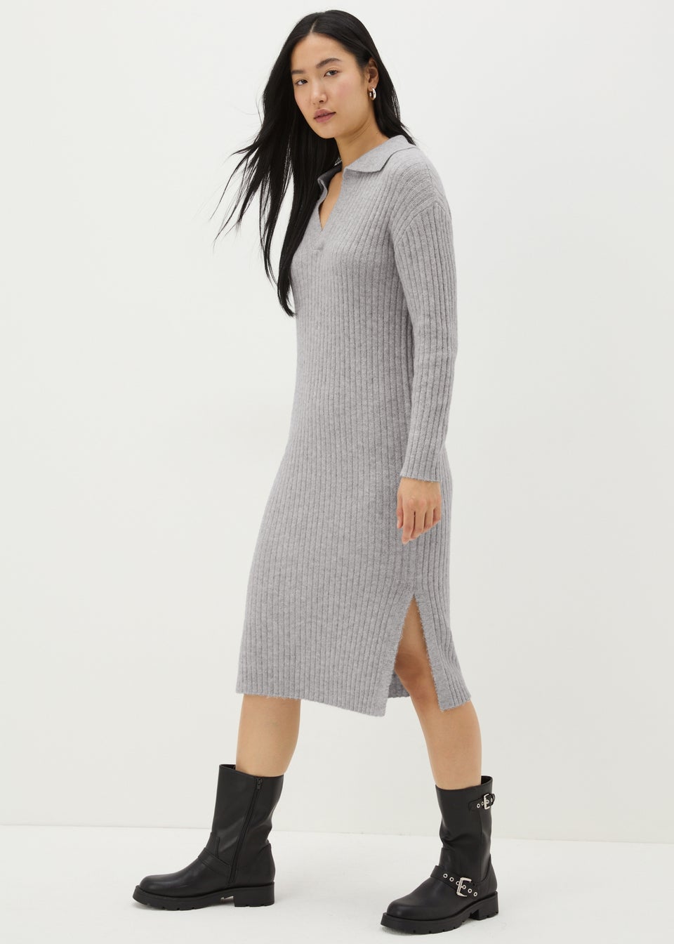 Grey Open Collar Knitted Dress