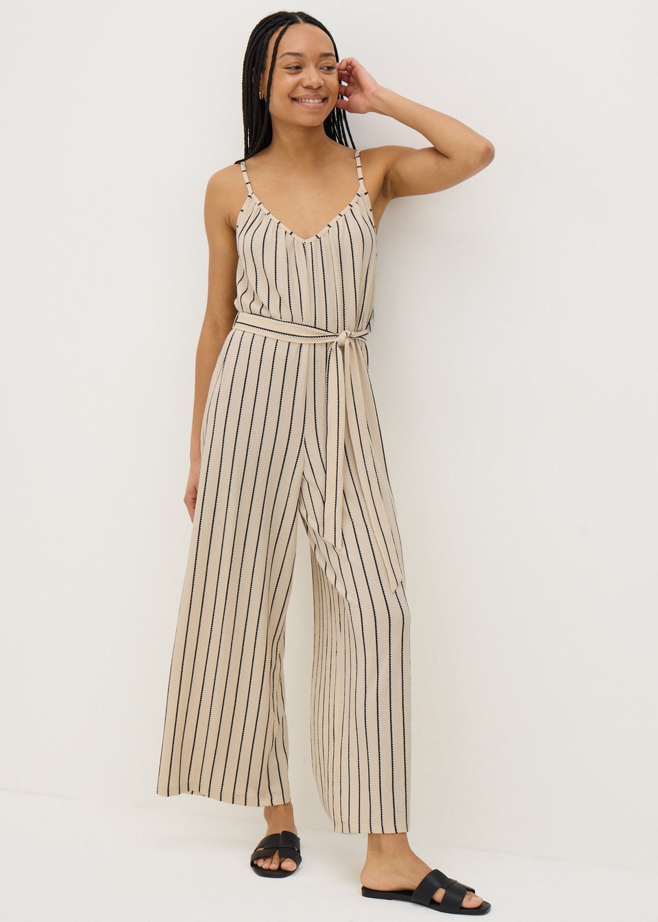Cream Jersey Stripe Wide Leg Jumpsuit