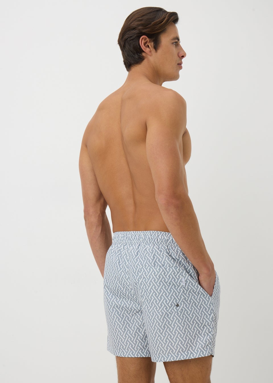 Grey Grid Print Swim Shorts