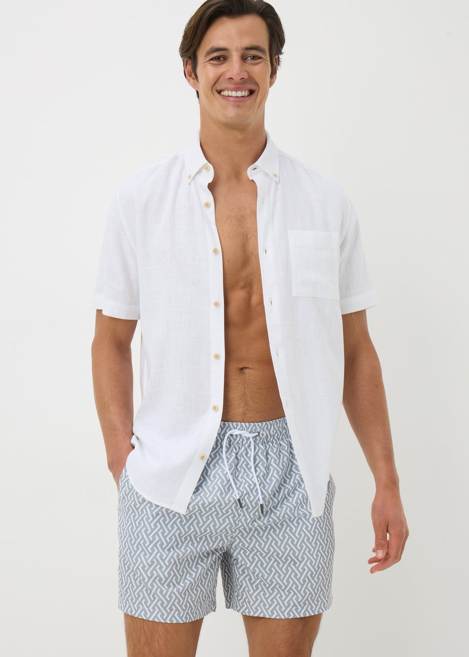 Grey Grid Print Swim Shorts