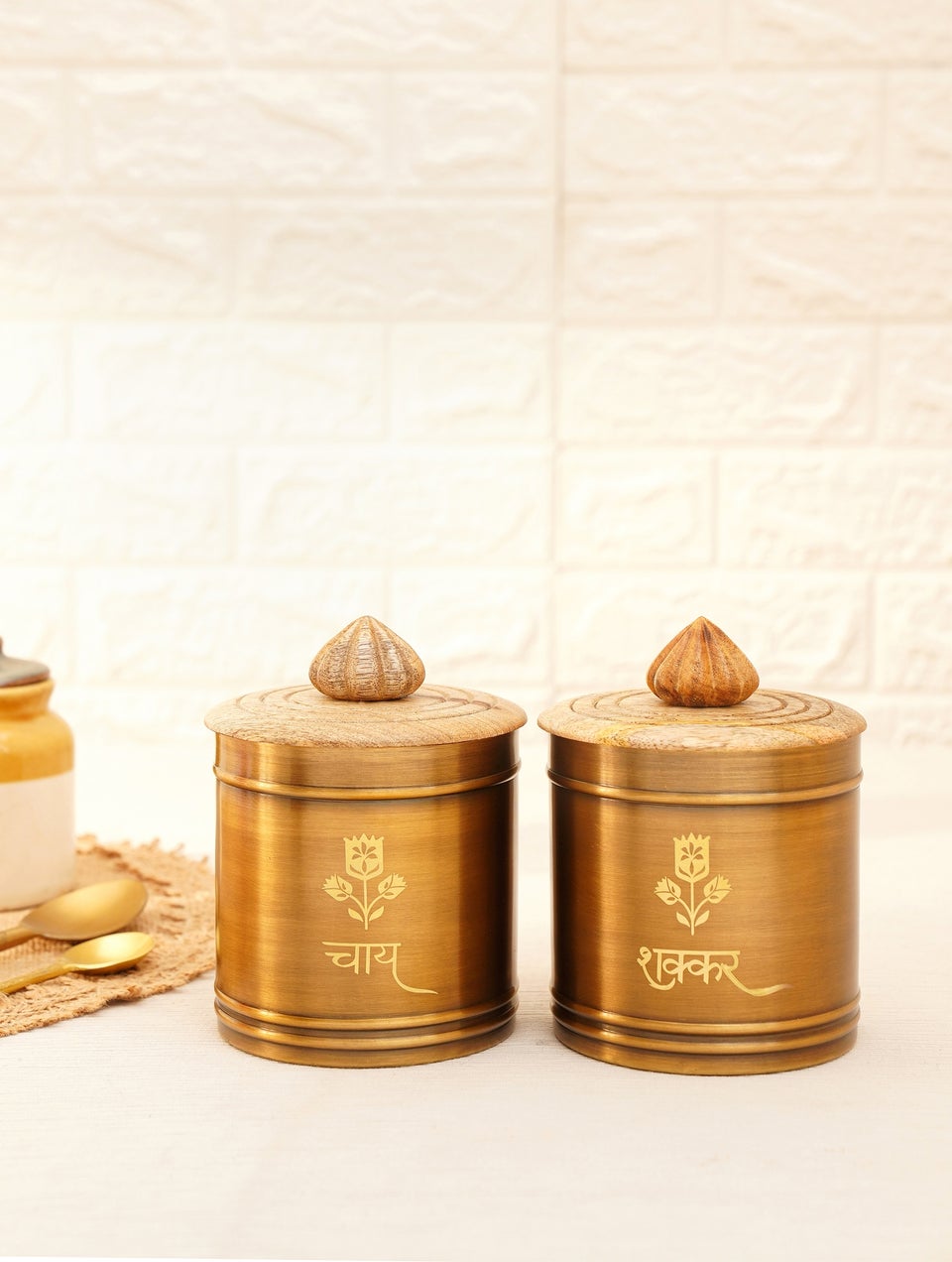 Antique Gold Brass And Wood Jar