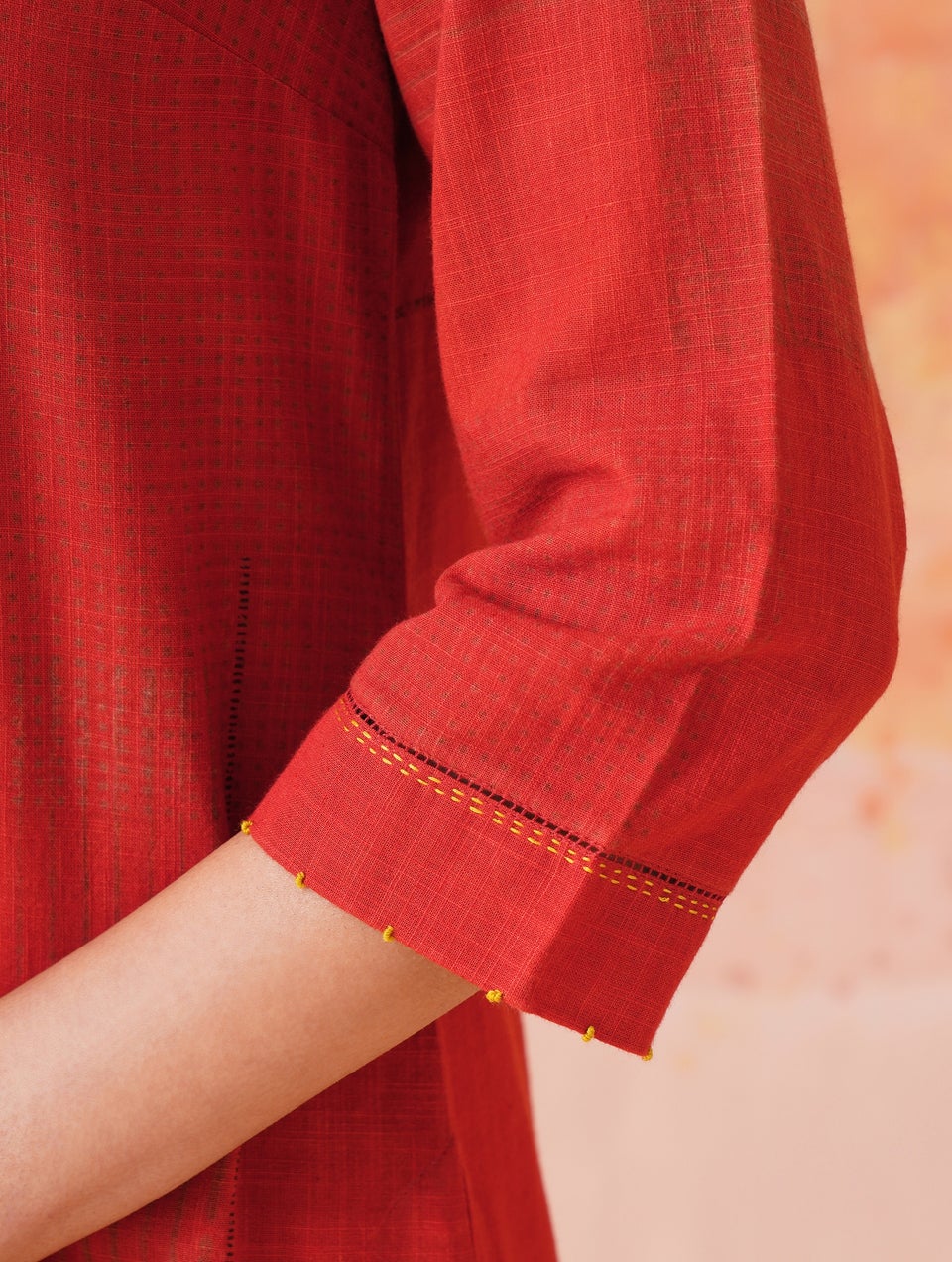 Women Red Cotton Straight Fit Dabu Kurta