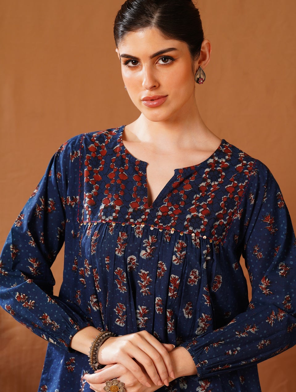 Women Indigo Blue Cotton Flared Printed Dabu Top