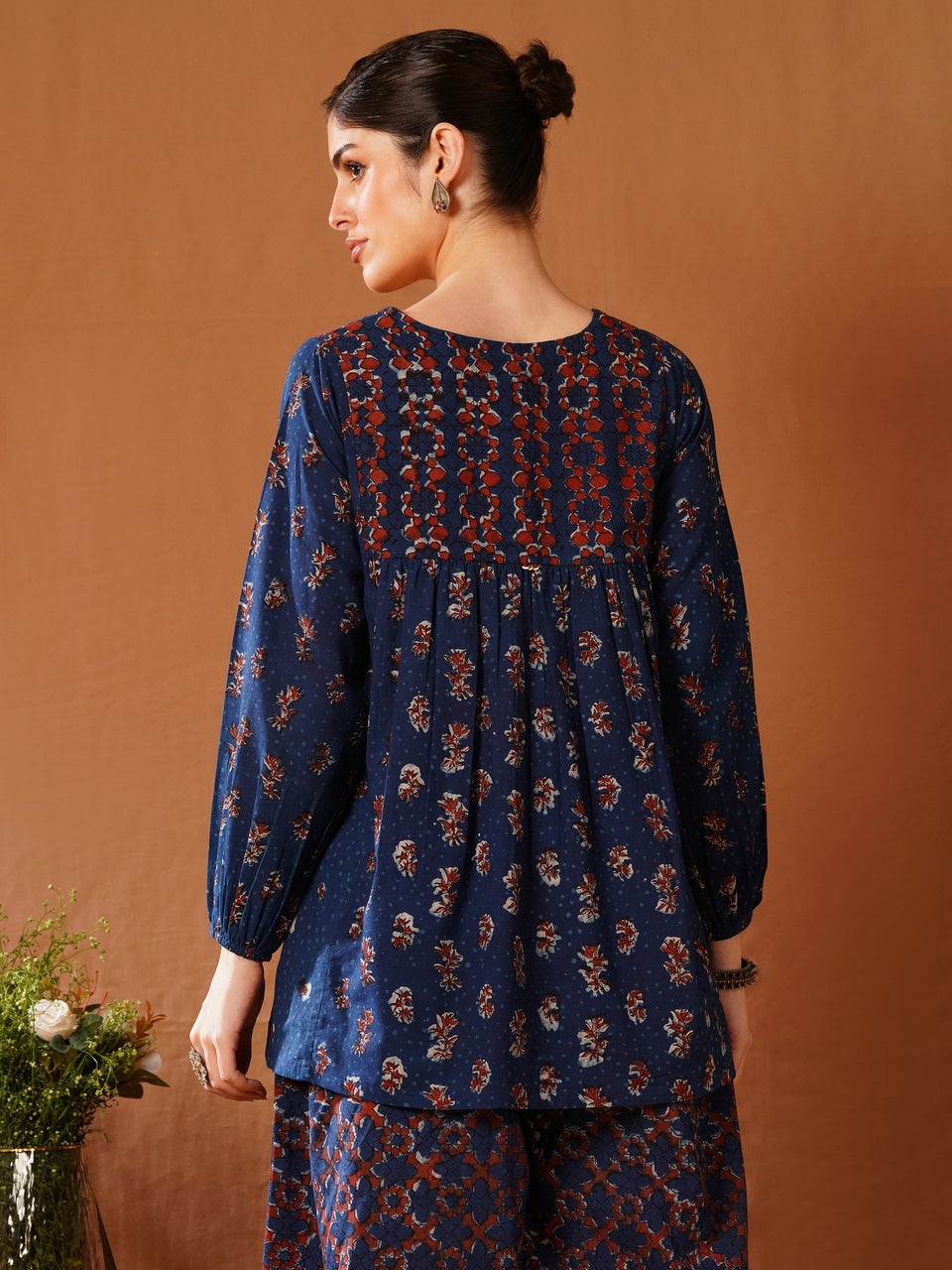 Women Indigo Blue Cotton Flared Printed Dabu Top