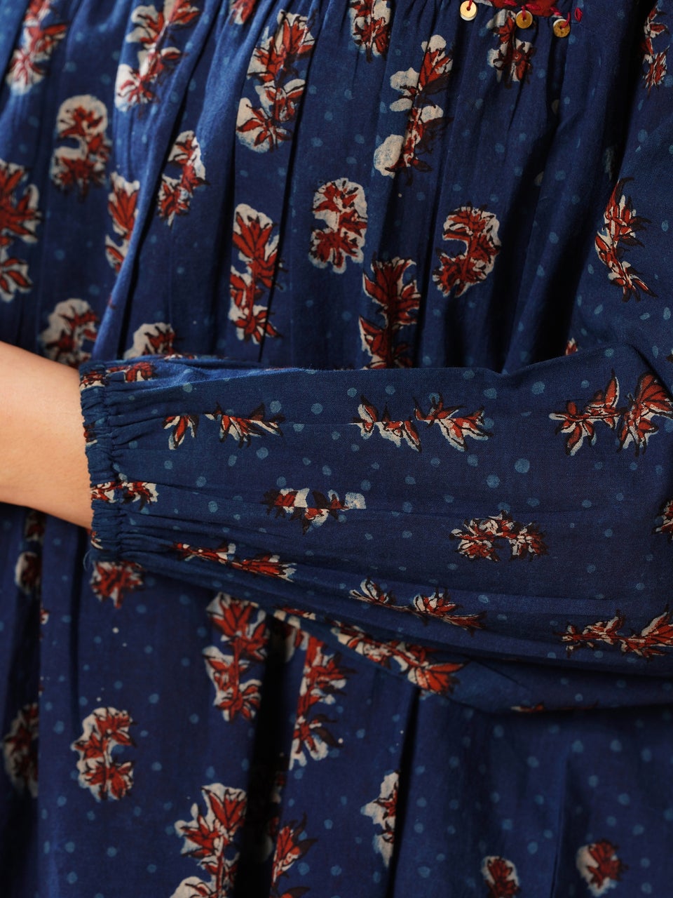 Women Indigo Blue Cotton Flared Printed Dabu Top