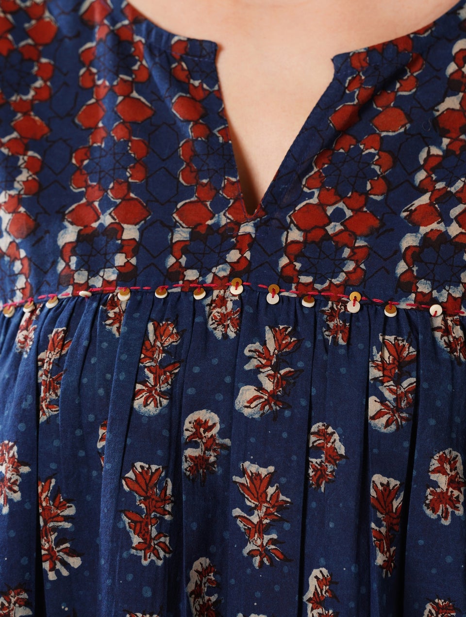Women Indigo Blue Cotton Flared Printed Dabu Top
