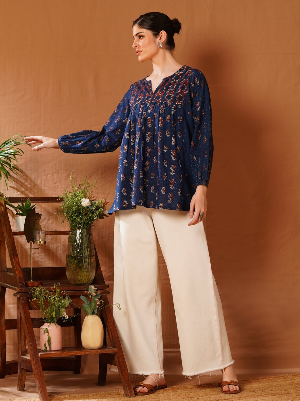 Women Indigo Blue Cotton Flared Printed Dabu Top