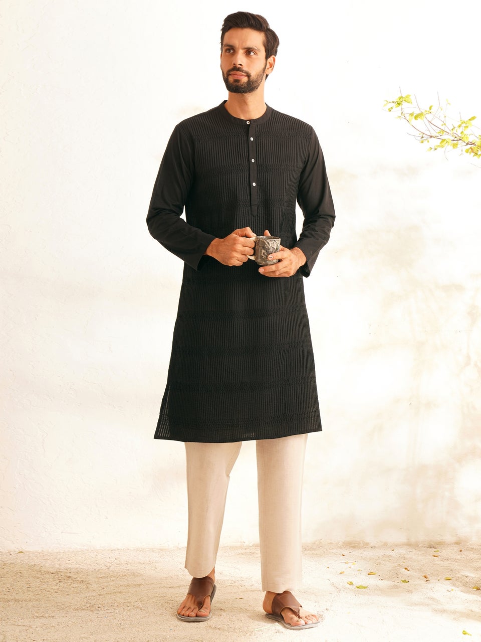 Men Black Cotton Straight Fit Textured Kurta Jaypore US