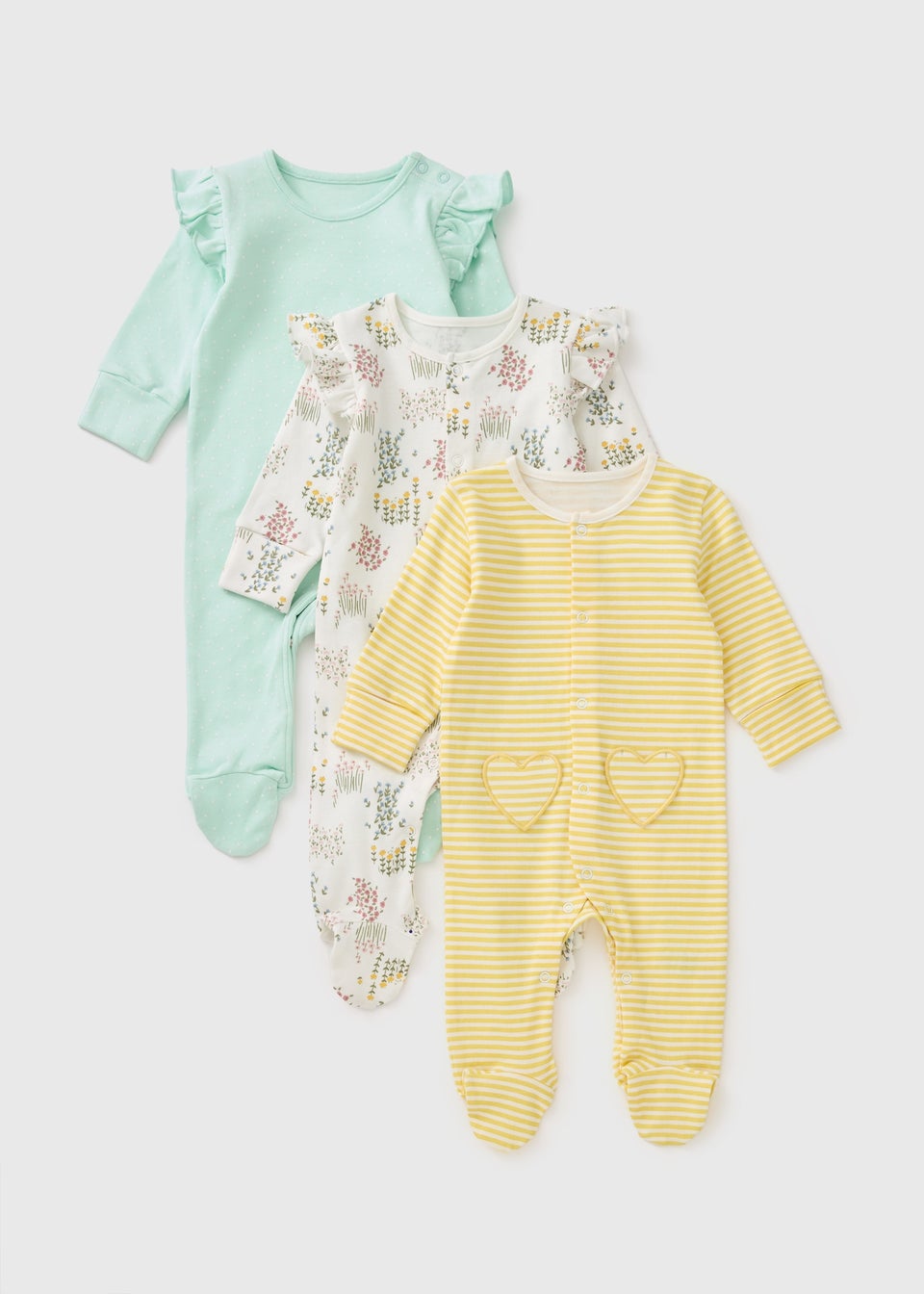 3 Pack Baby Multicolour Patterned Sleepsuits (Newborn-18mths)