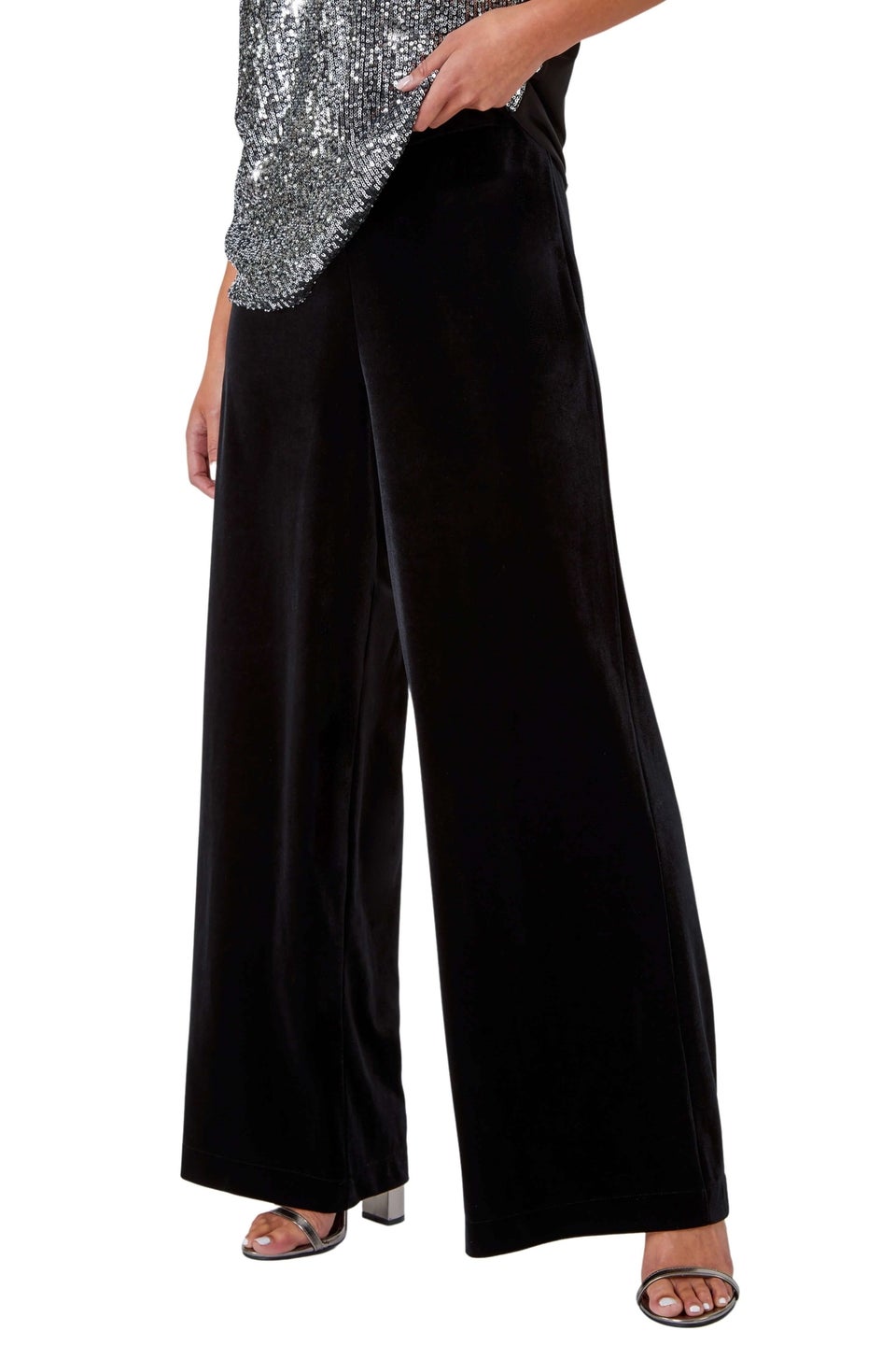 Roman Petite Black Petite Wide Leg Velvet Stretch Trouser