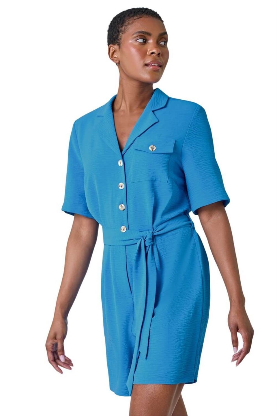 Roman Light Blue Textured Tie Waist Playsuit