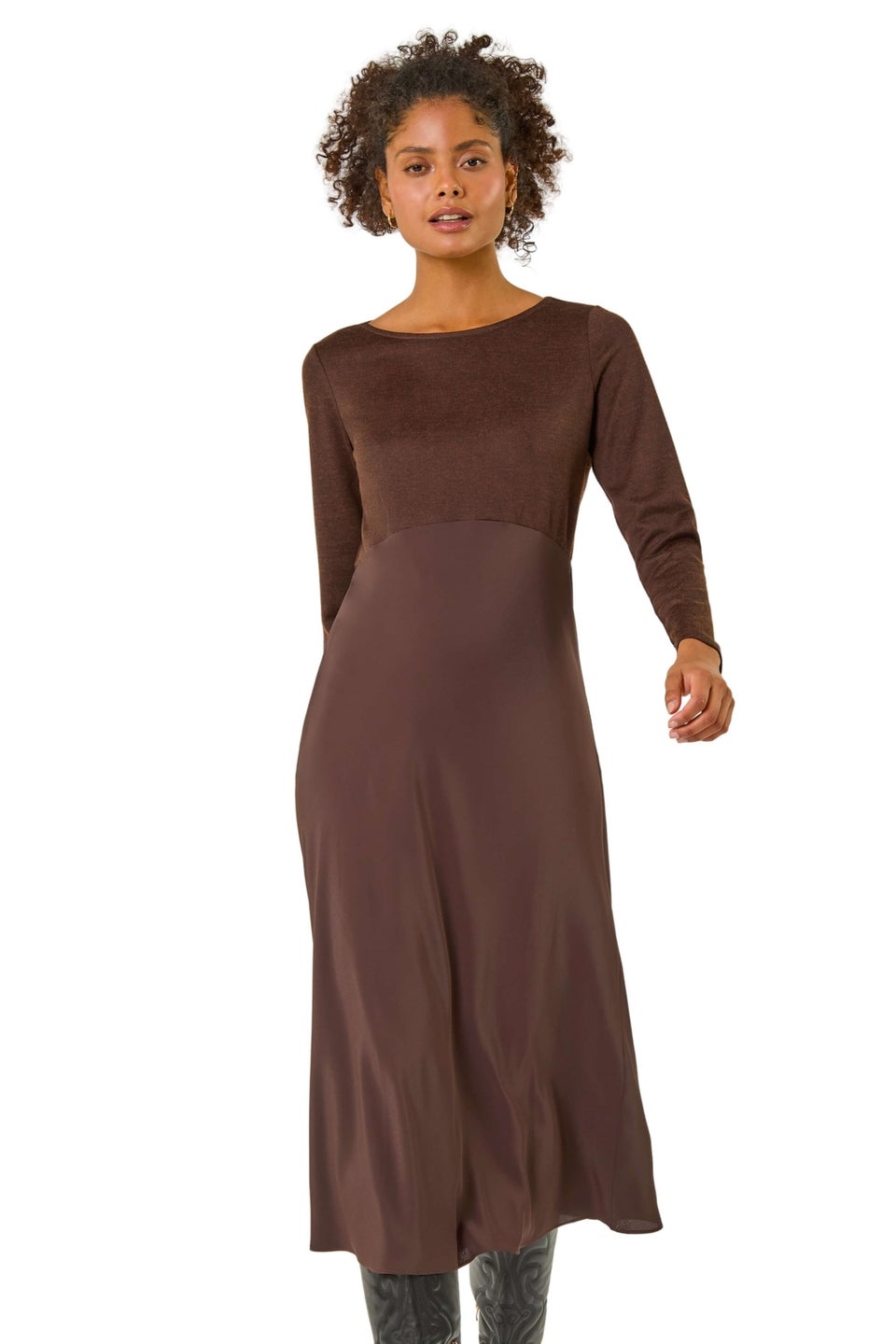 Dusk Chocolate Satin Bodycon Stretch Midi Dress