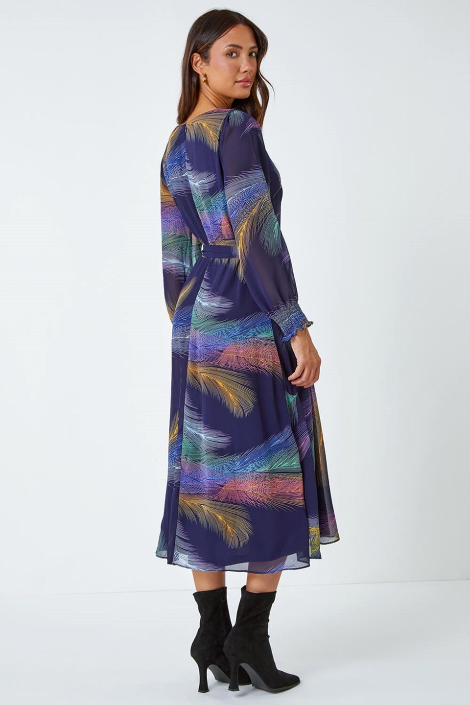 Roman Purple Feather Print Belted Midi Dress Matalan