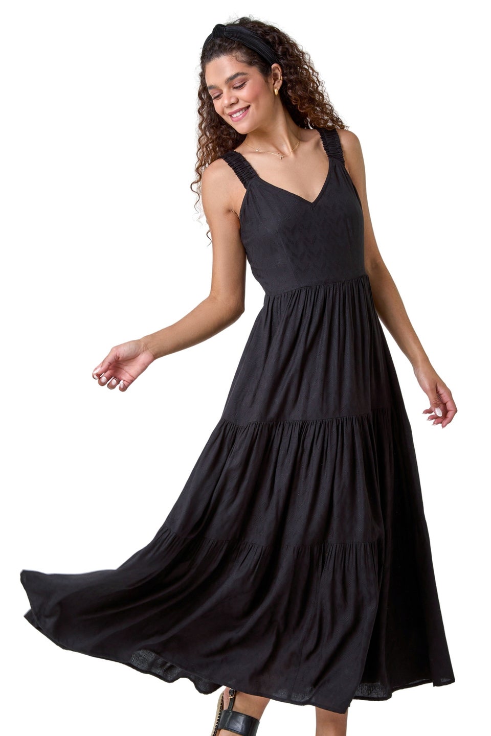 Roman Black Textured Tie Back Tiered Maxi Dress