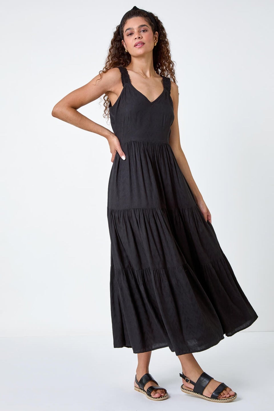Roman Black Textured Tie Back Tiered Maxi Dress
