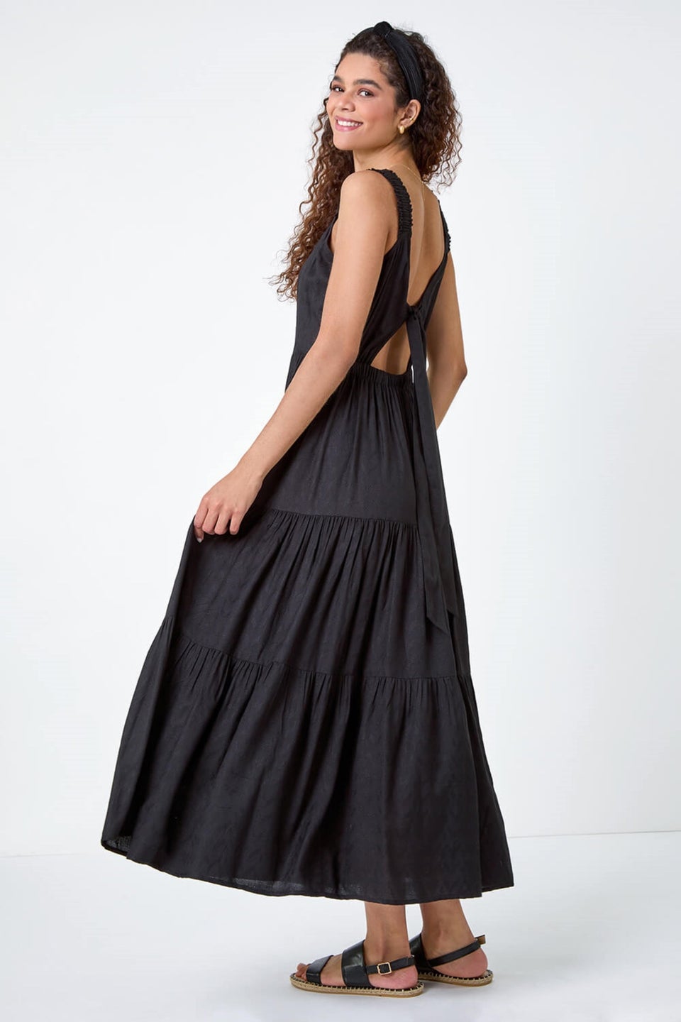 Roman Black Textured Tie Back Tiered Maxi Dress