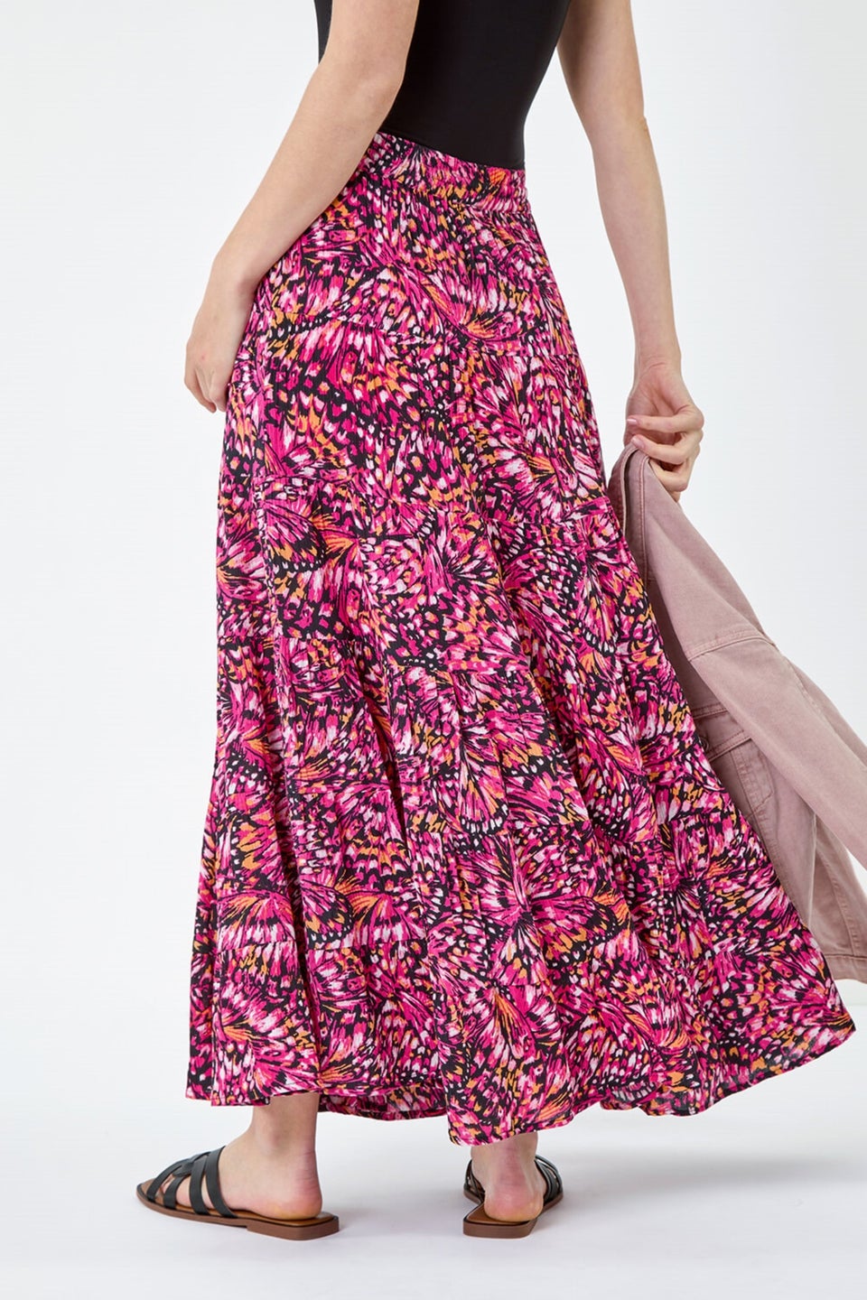 Roman Pink Butterfly Crinkle Tiered Maxi Skirt
