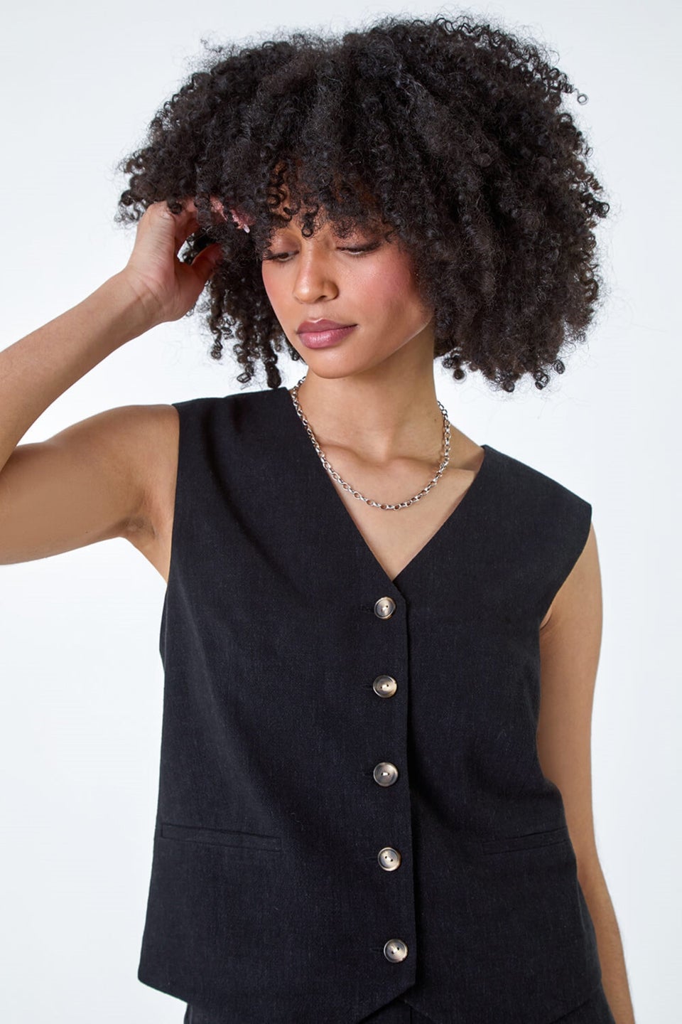 Roman Black Linen Blend Button Through Waistcoat