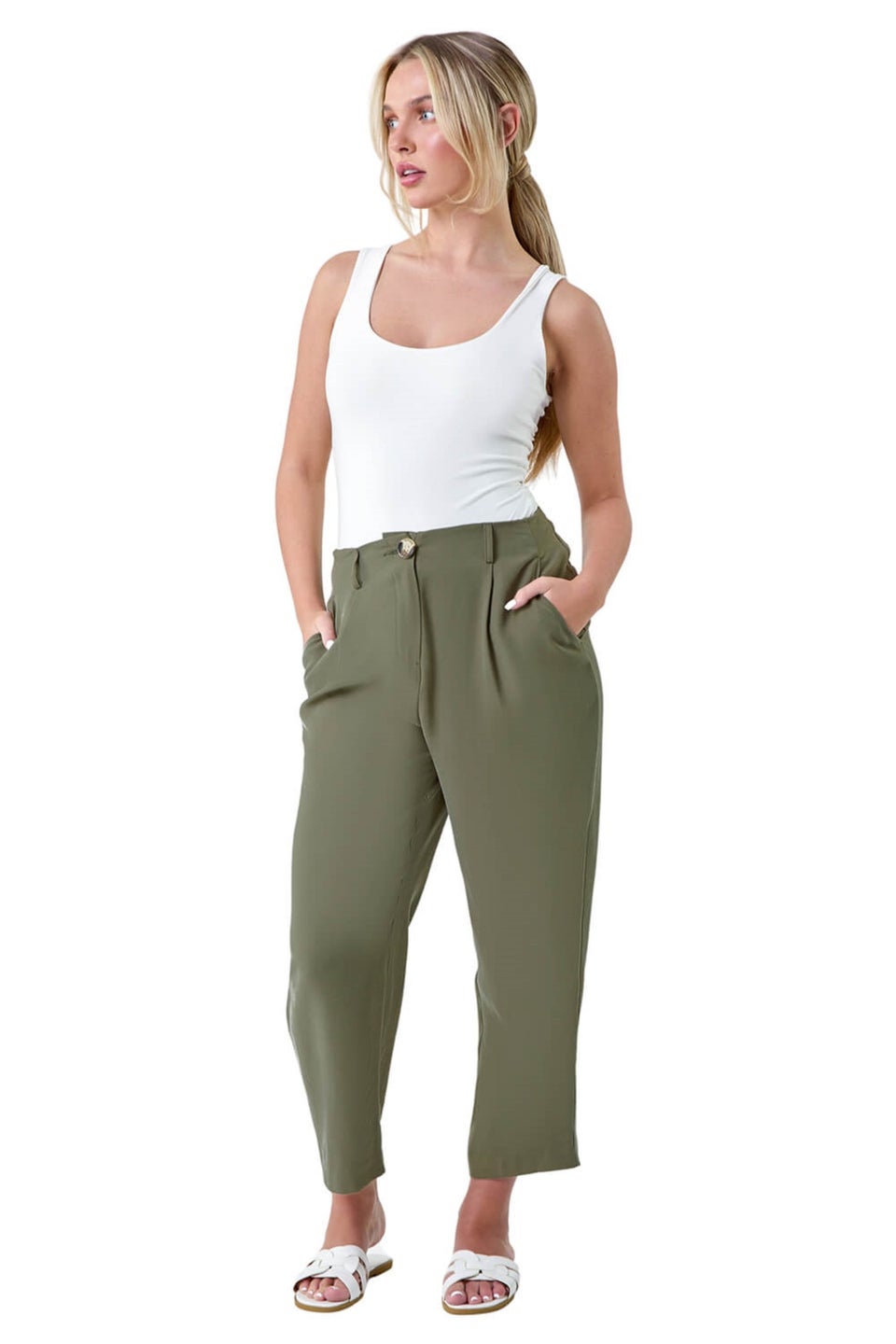 Roman Petite Khaki Petite Cropped Tapered Trousers Matalan
