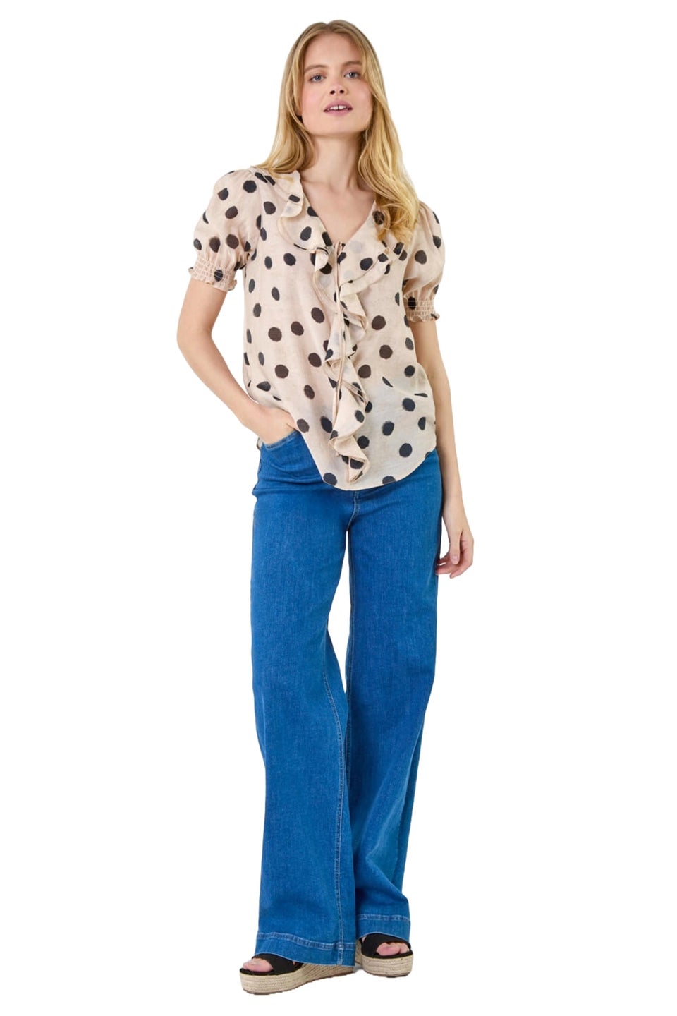 Roman Cream Polka Dot Frill Front Shirred Top Matalan