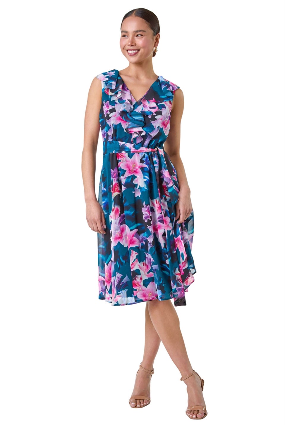 Roman Navy Petite Frill Detail Floral Dress Matalan