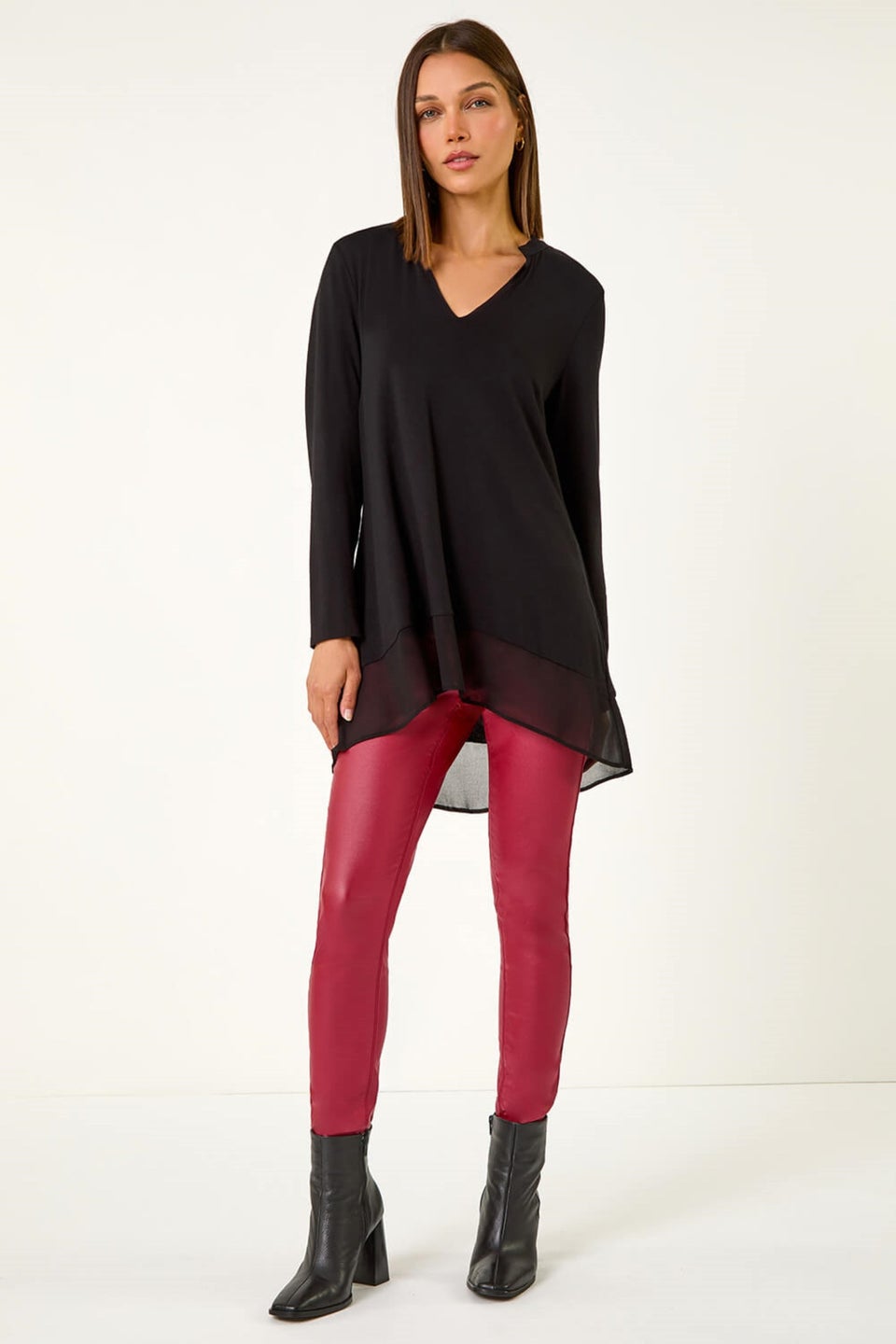 Roman Black V Neck Chiffon Hem Top Matalan