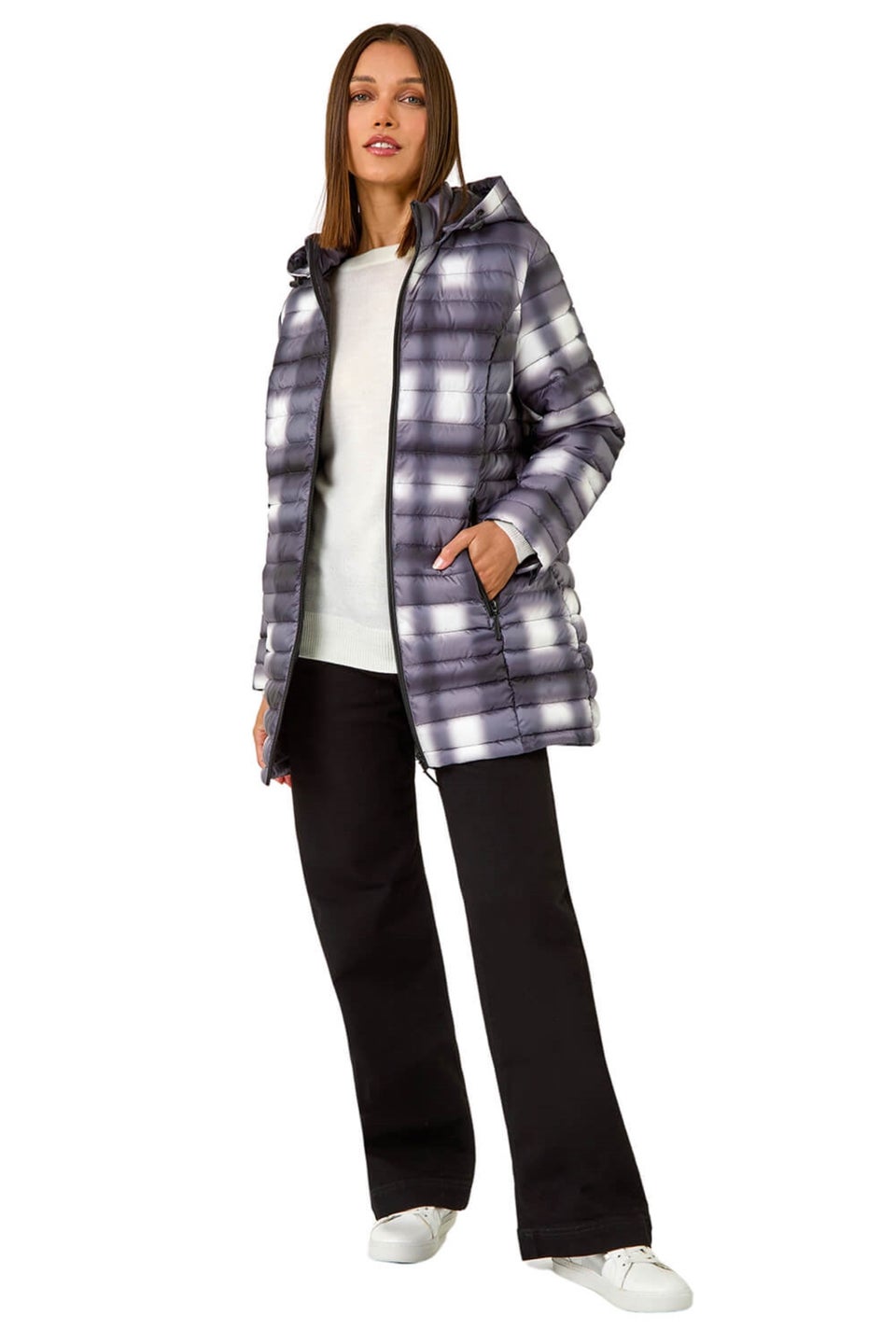 Roman Black Check Print Quilted Puffer Coat Matalan