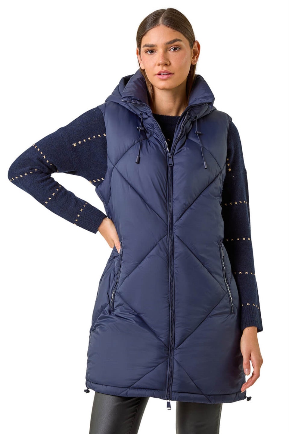 Roman Midnight Blue Longline Quilted Hooded Gilet