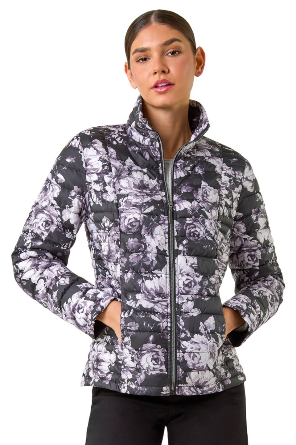 Roman Grey Floral Print Lightweight Quilted Coat