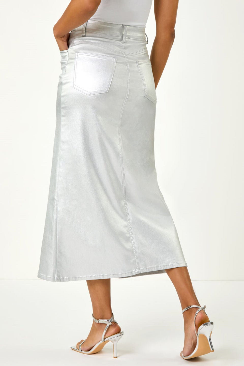 Roman Silver Metallic Shimmer Stretch Midi Skirt