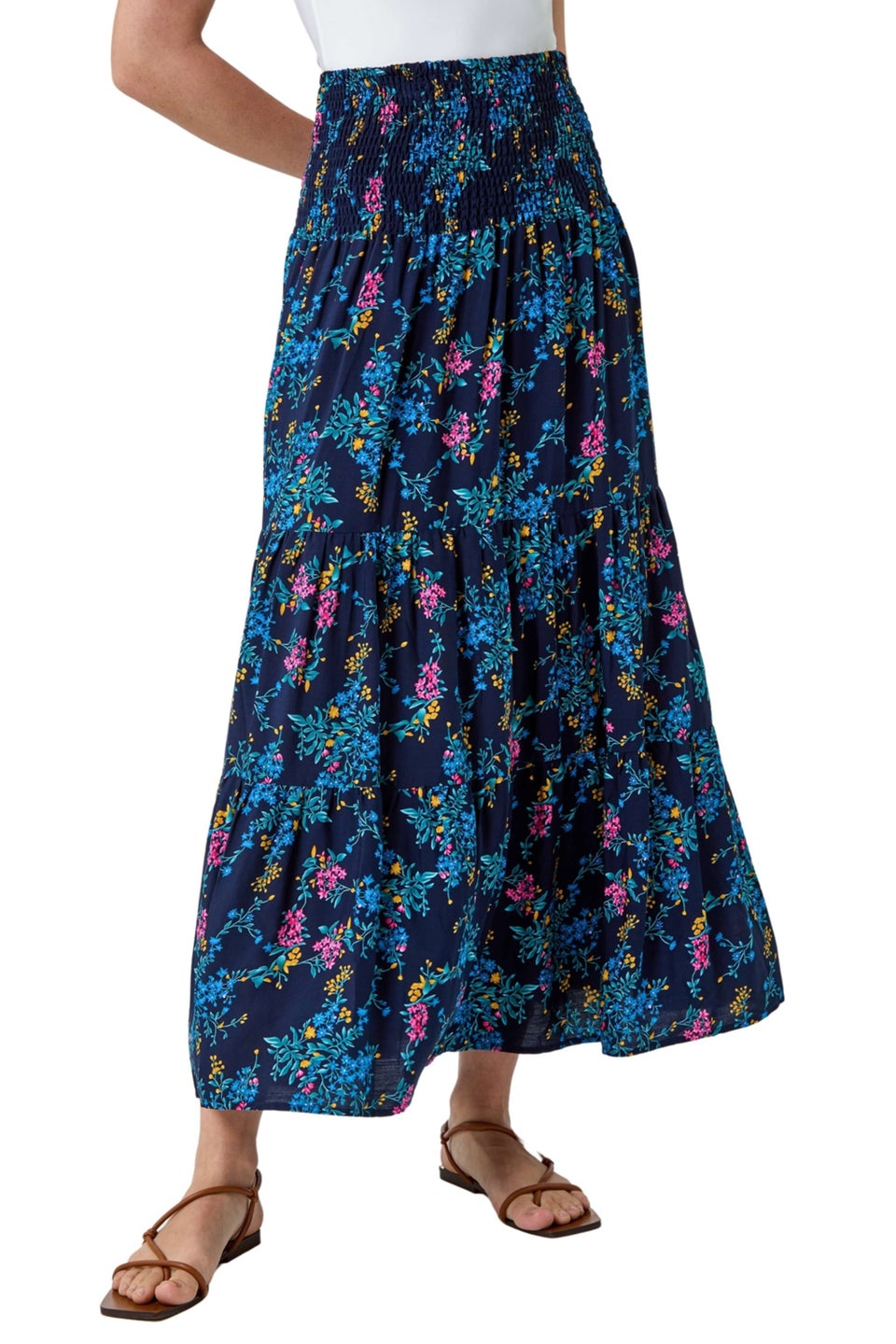 Roman Navy Floral Shirred Tiered Multiway Skirt Dress Matalan