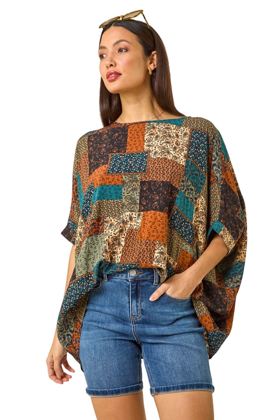Roman Dark Green Paisley Patchwork Print Woven Top