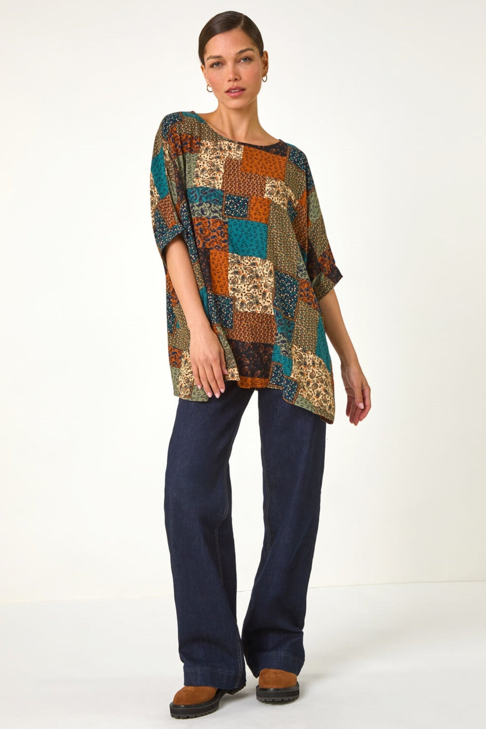 Roman Dark Green Paisley Patchwork Print Woven Top