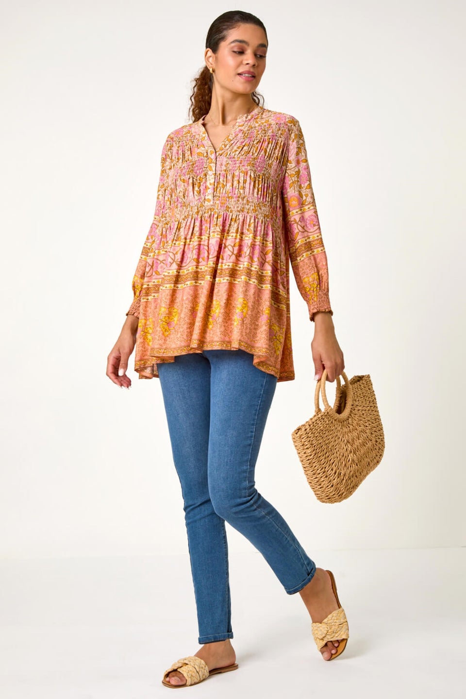 Roman Peach Boho Floral Print Shirred Tunic Top