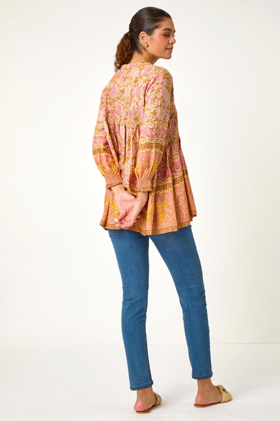 Roman Peach Boho Floral Print Shirred Tunic Top