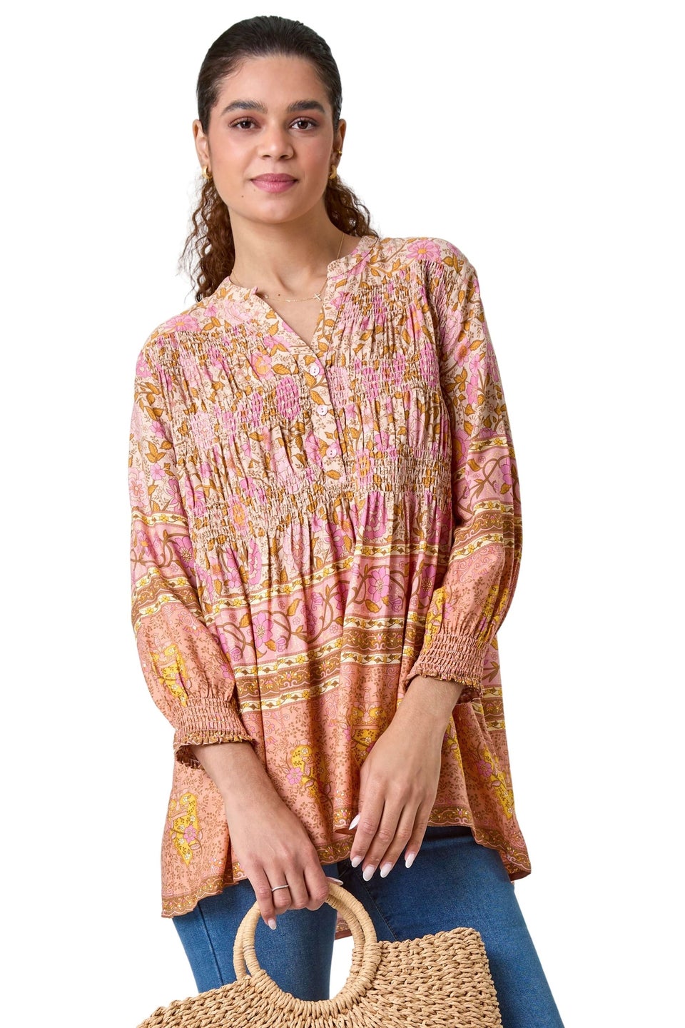 Roman Peach Boho Floral Print Shirred Tunic Top