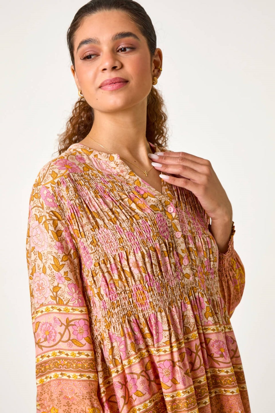 Roman Peach Boho Floral Print Shirred Tunic Top
