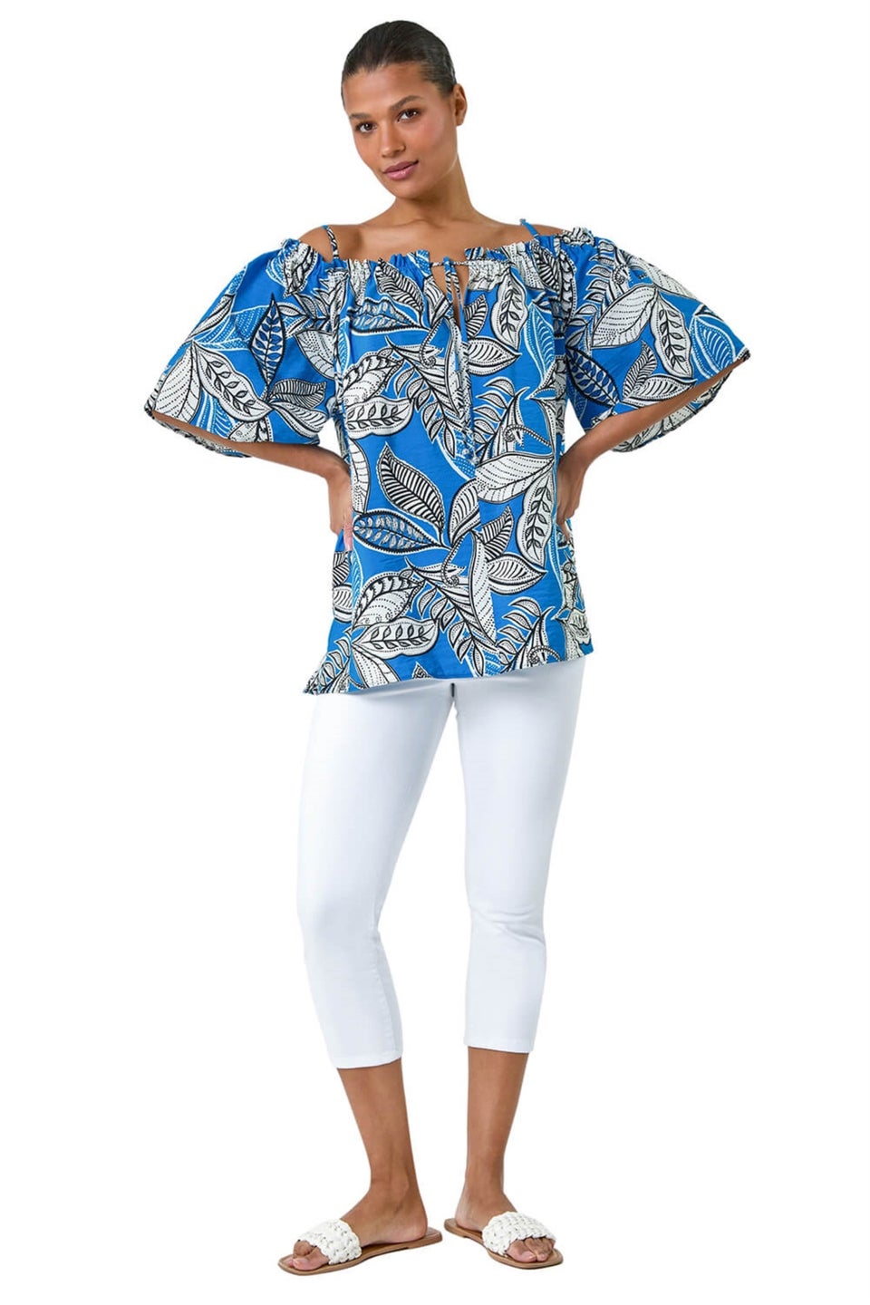 Roman Blue Leaf Print Cold Shoulder Bardot Top
