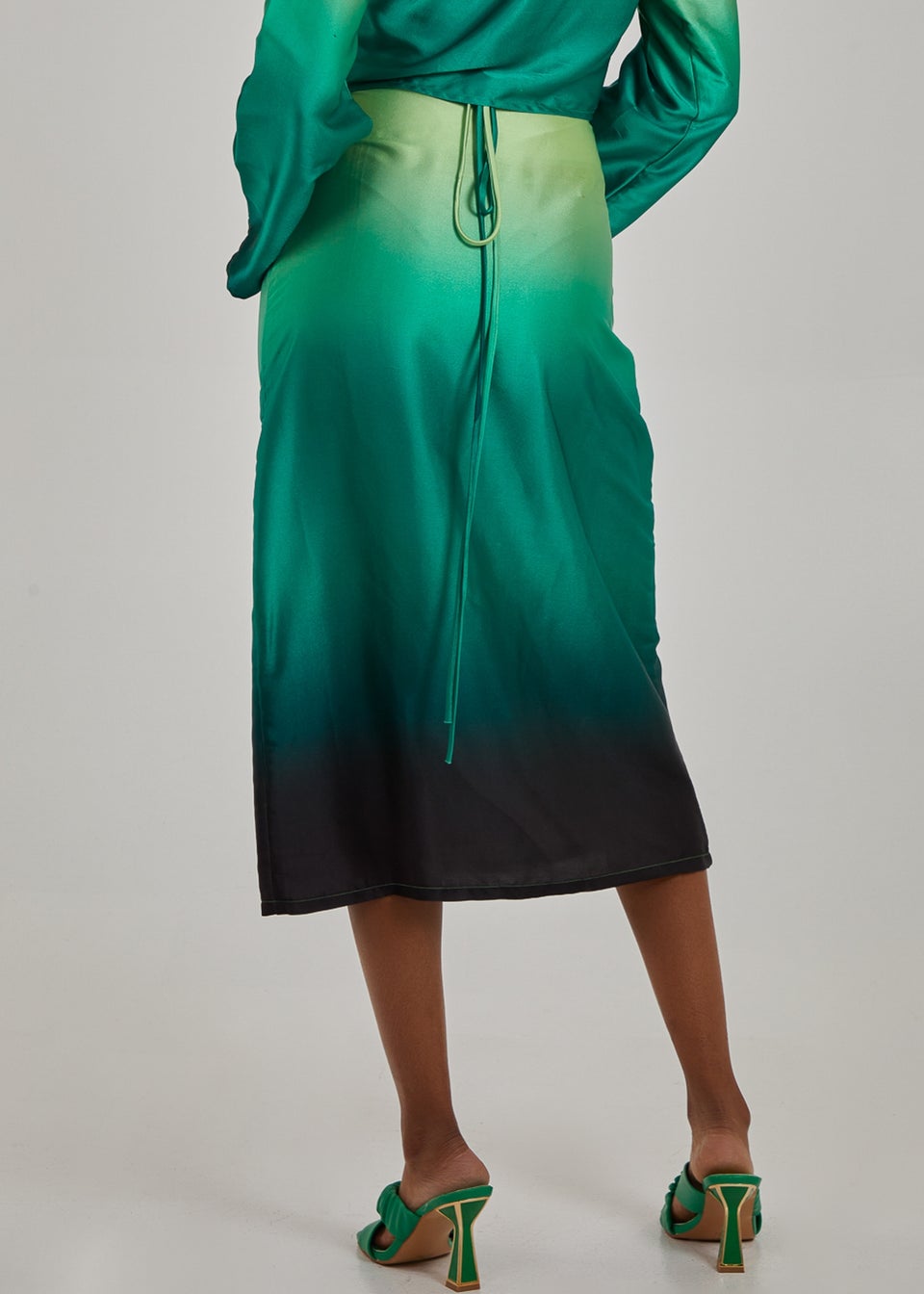 Pink Vanilla Green Tie Waist Ombre Split Hem Midi Skirt