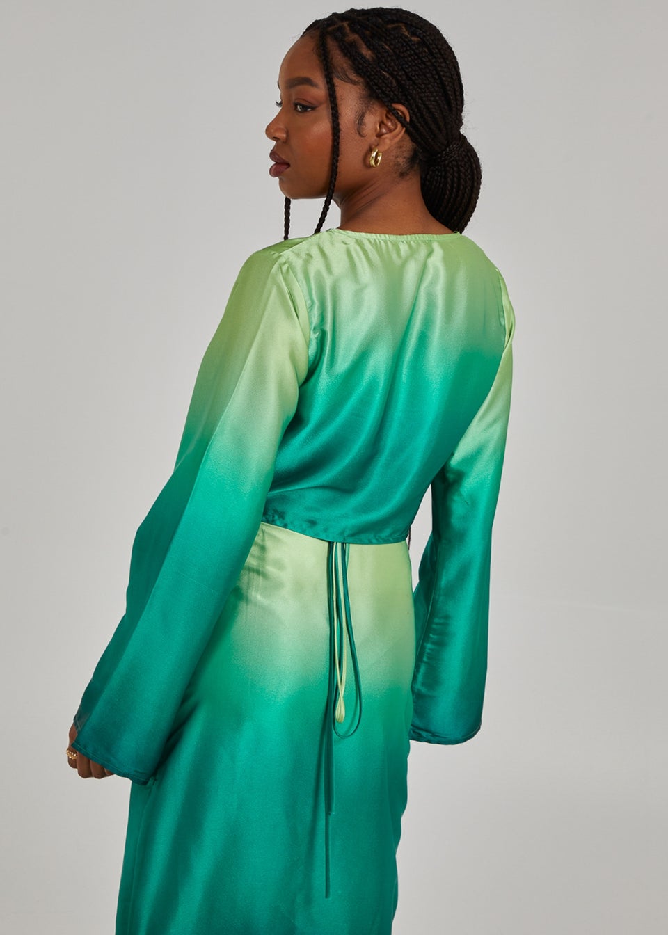 Pink Vanilla Green Twist Front Satin Long Sleeve Crop Top