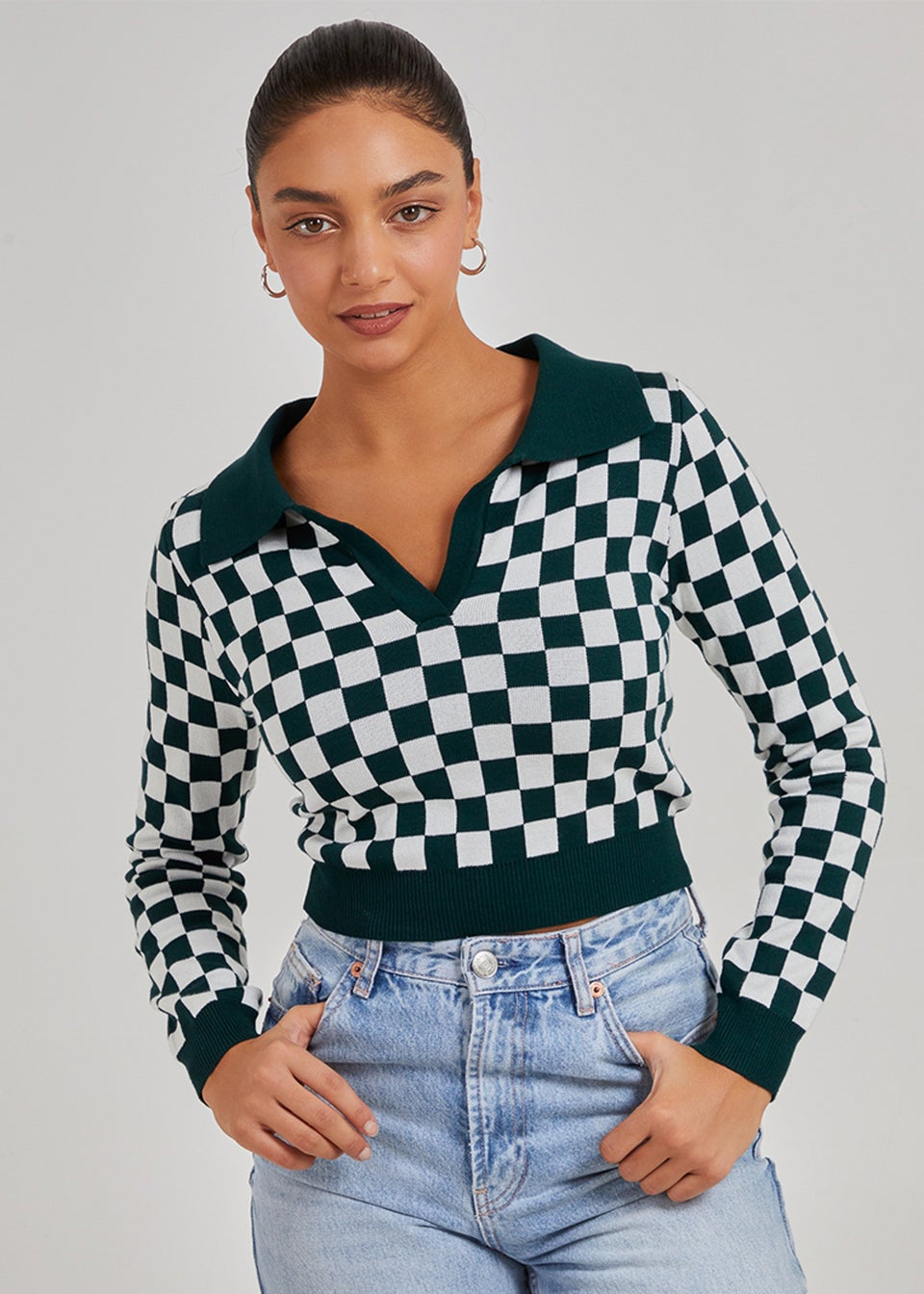 Pink Vanilla Green Notch Collar Checkered Top