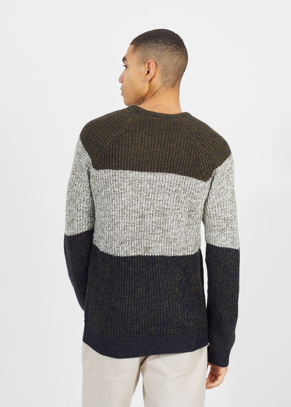 Brave Soul Khaki Crew Neck Colourblock Jumper