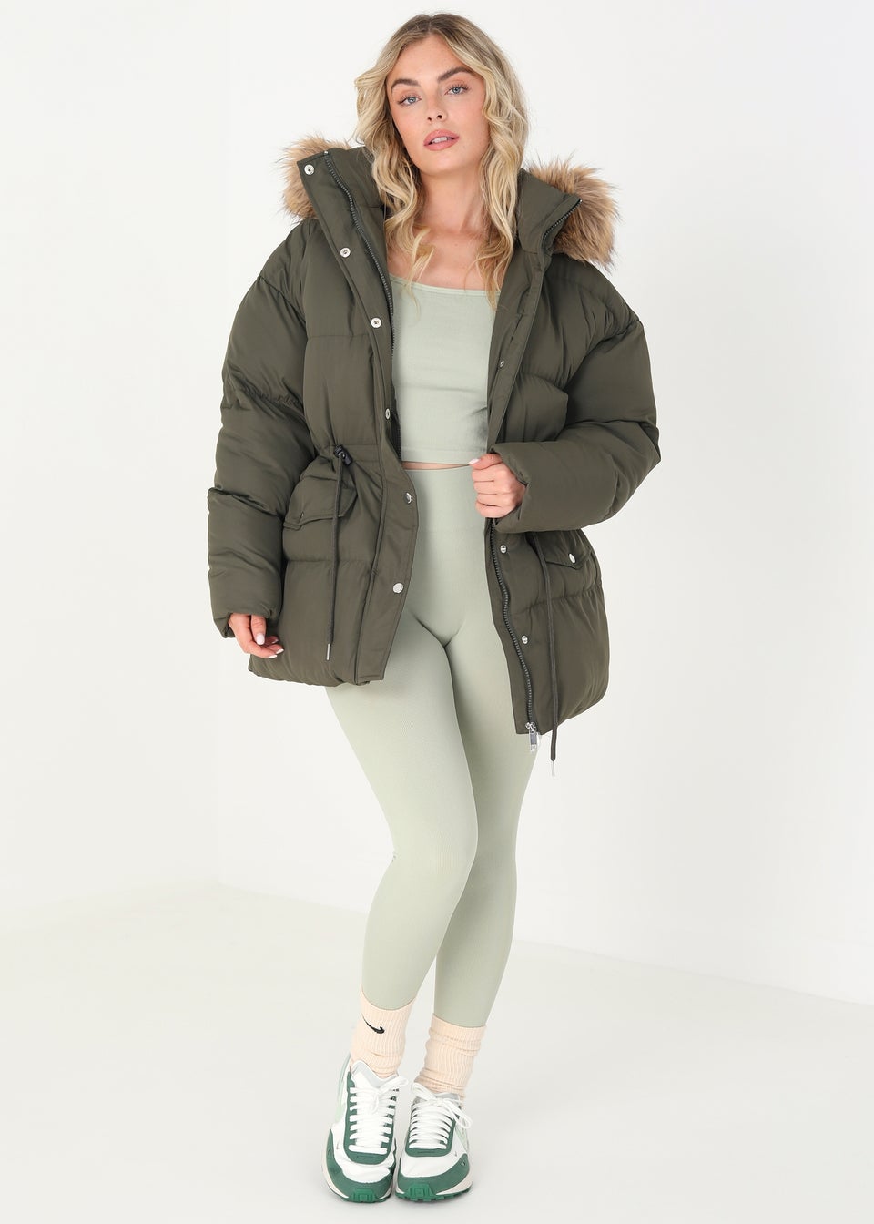 Brave Soul Khaki Mid Length Puffer Parka With Faux Fur Hood