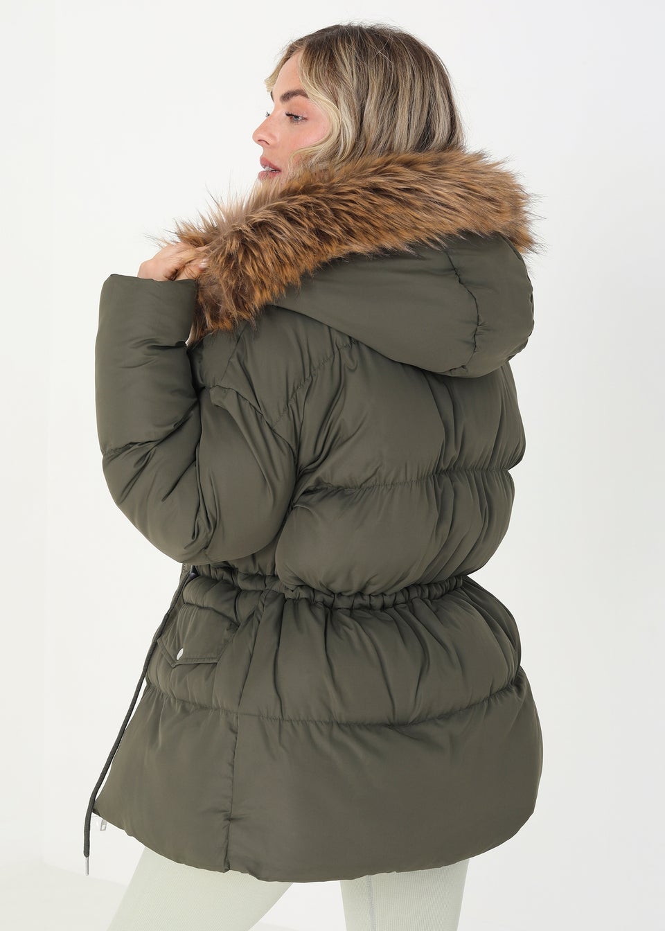 Brave Soul Khaki Mid Length Puffer Parka With Faux Fur Hood