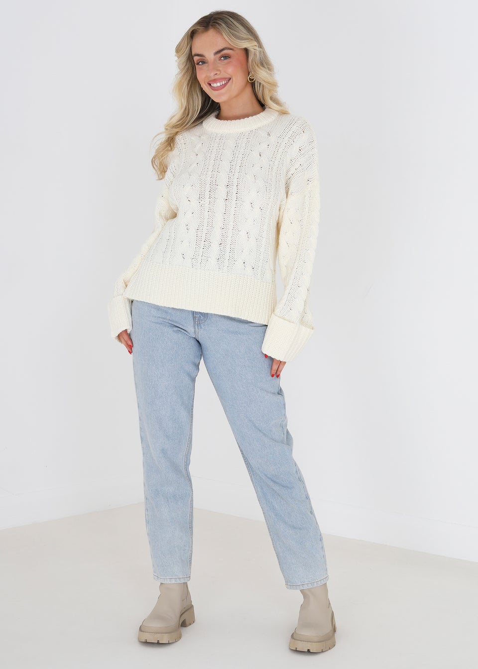 Brave Soul Ivory Crew Neck Cable Knit Jumper