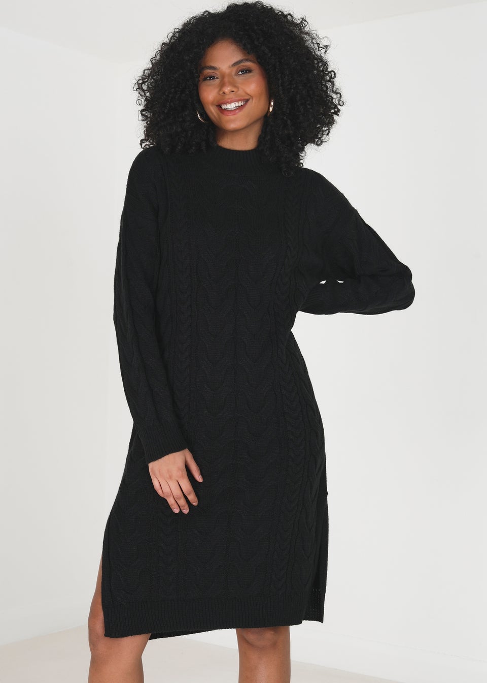 Brave Soul Black Longline Cable Knit Jumper Dress Matalan