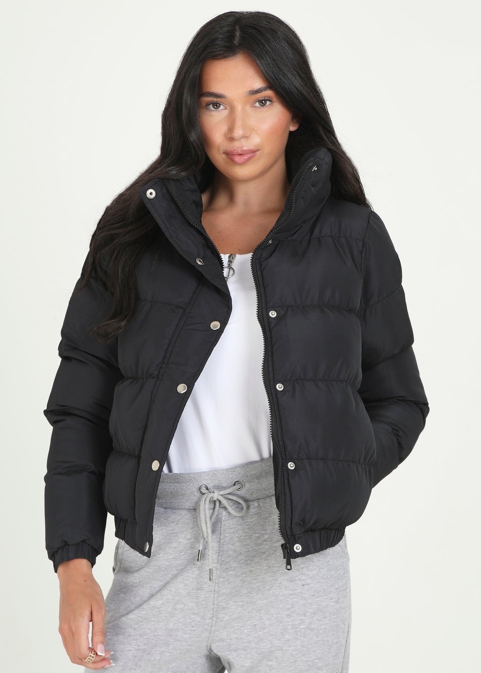 Black hooded puffer jacket with funnel neck best sale