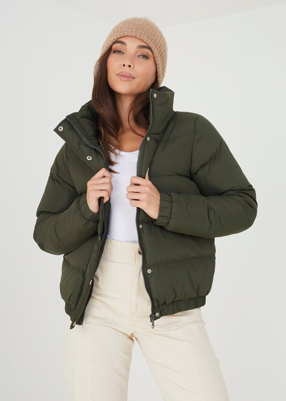 Brave Soul Khaki Funnel Neck Padded Puffer Jacket Matalan
